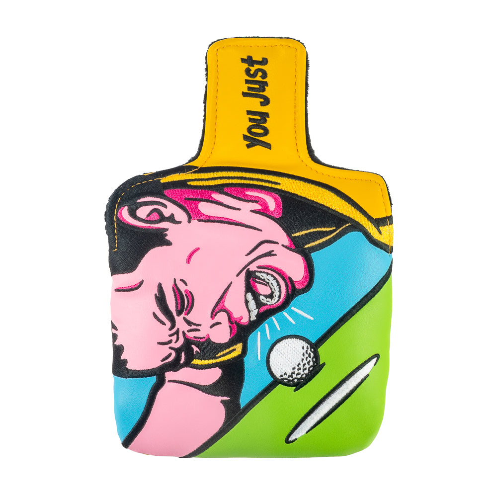 Rewind Golf x Happy Gilmore Why Don't You Just Go Home movie scene green, blue, and yellow mallet golf headcover.