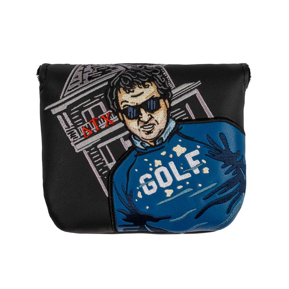 Animal House official blue golf sweater mallet putter headcover on black material.