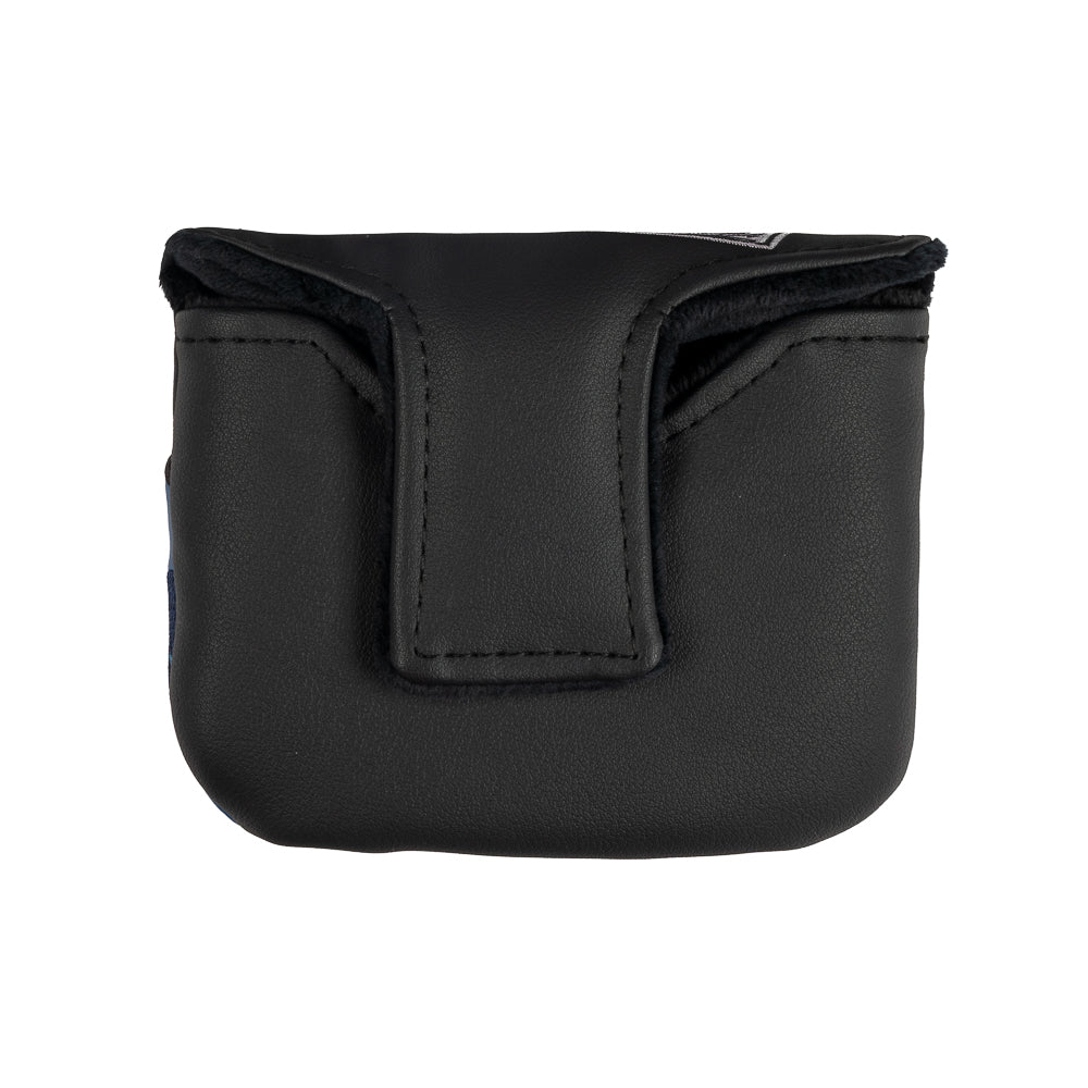 Animal House official blue golf sweater mallet putter headcover on black material.