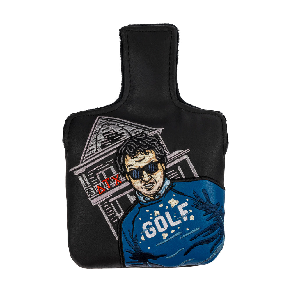 Animal House official blue golf sweater mallet putter headcover on black material.