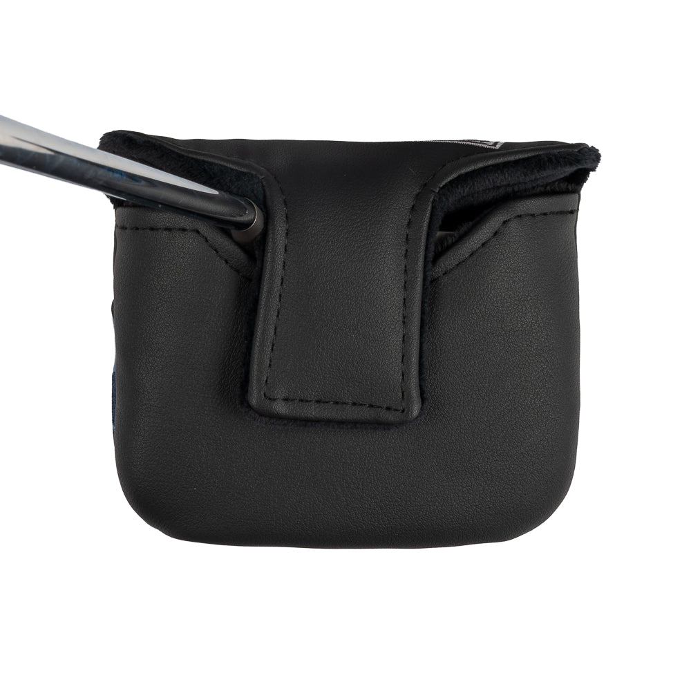 Animal House official blue golf sweater mallet putter headcover on black material.