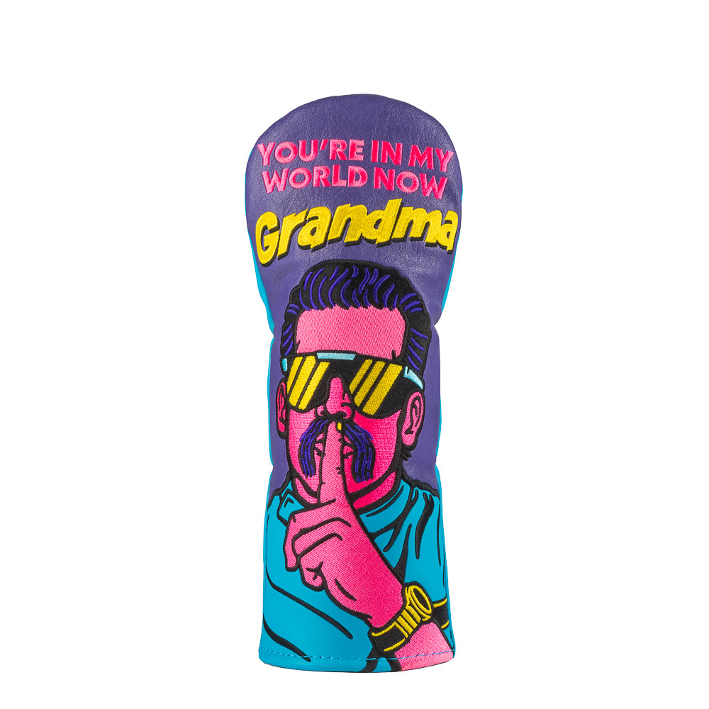 Happy Gilmore x Rewind Golf You're In My World Now Grandma purple and blue movie scene fairway wood golf headcover.