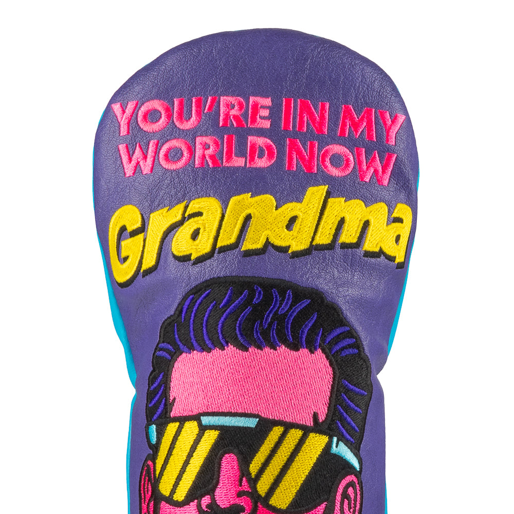 Happy Gilmore x Rewind Golf You're In My World Now Grandma purple and blue movie scene fairway wood golf headcover.