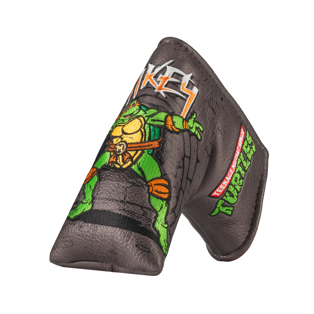 TMNT Mikey blade putter cover with neon green details, bold cartoon design, and Teenage Mutant Ninja Turtles style.