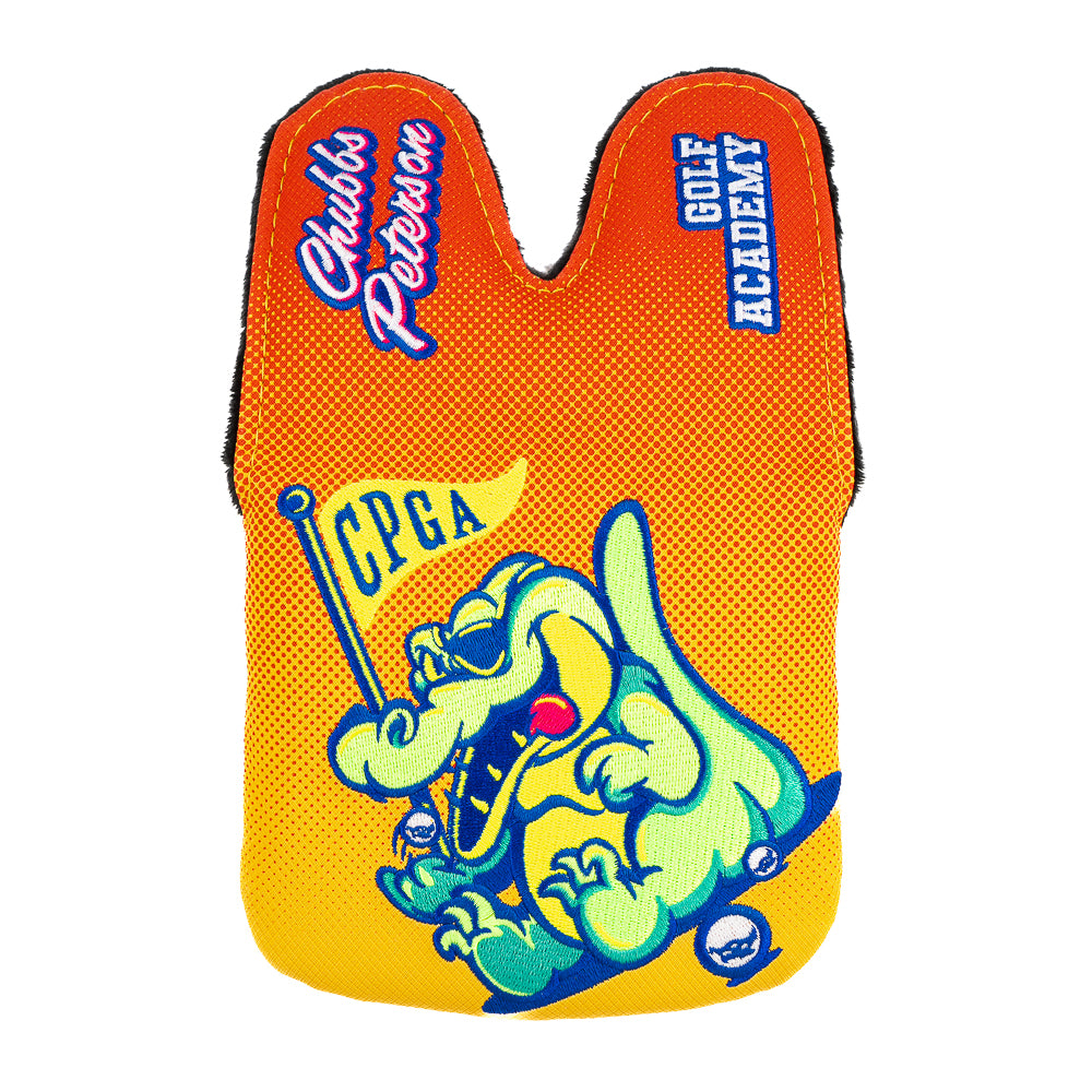 Rewind Golf x Happy Gilmore Chubbs Peterson Golf Academy orange and yellow officially licensed center shaft XL mallet headcover.