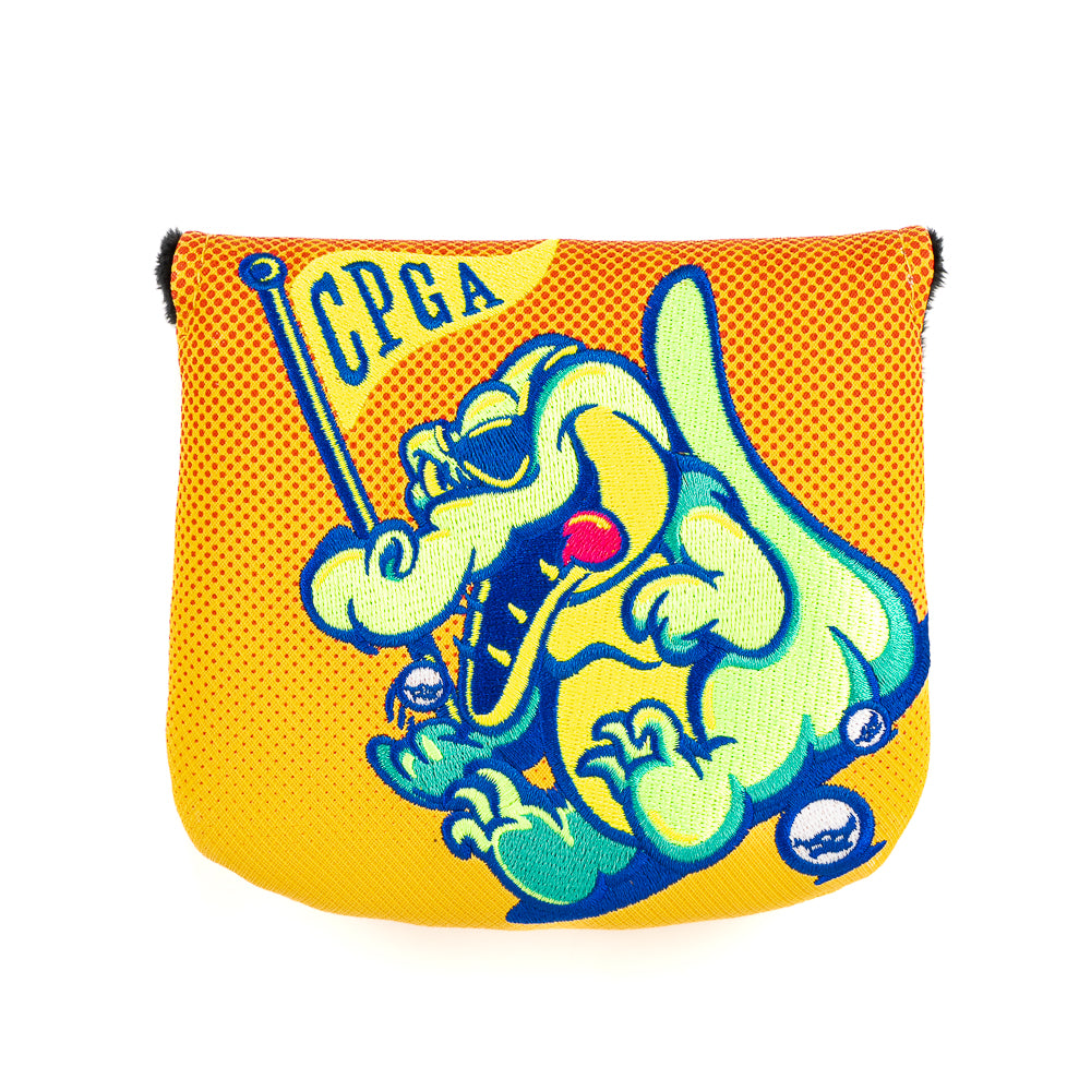 Rewind Golf x Happy Gilmore official Chubbs Peterson Golf Academy orange and yellow gator themed center shaft mallet golf headcover.