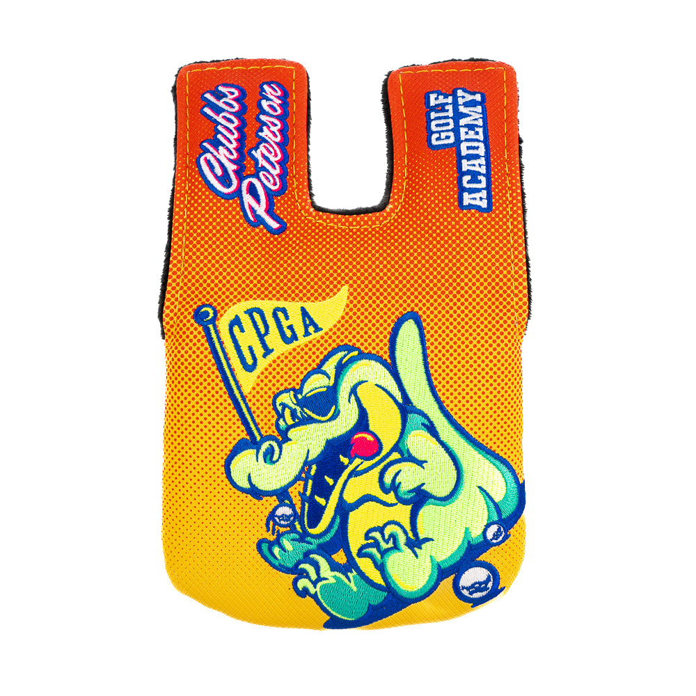 Rewind Golf x Happy Gilmore official Chubbs Peterson Golf Academy orange and yellow gator themed center shaft mallet golf headcover.