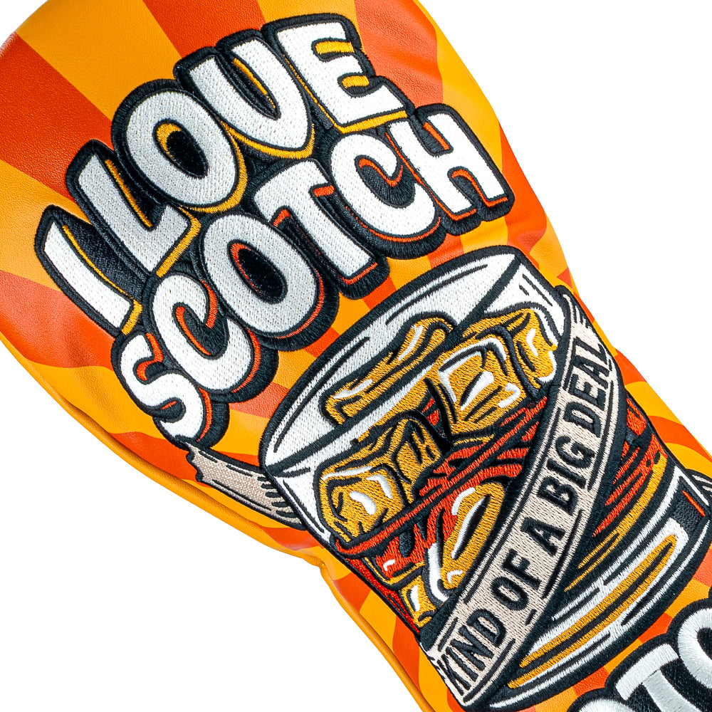 Rewind Golf x Anchorman I Love Scotch orange and yellow official driver golf headcover with whiskey glass embroidered on the front.