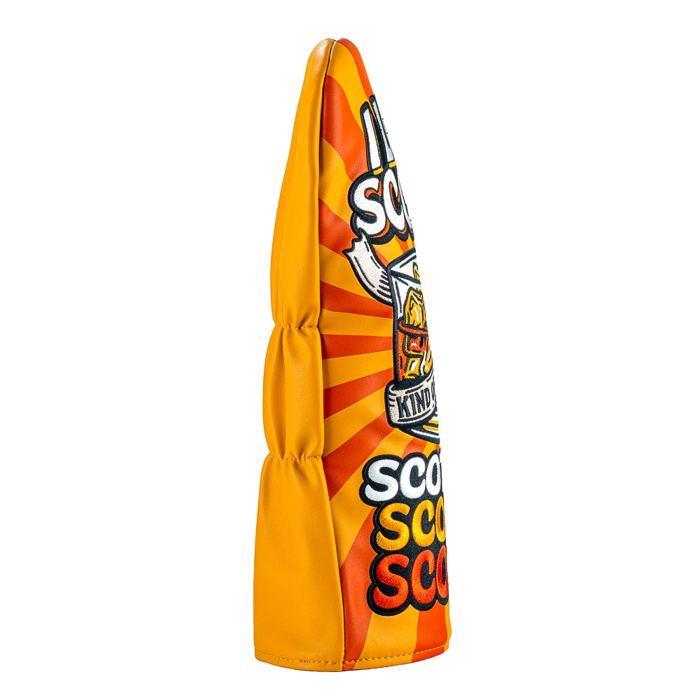 Rewind Golf x Anchorman I Love Scotch orange and yellow official driver golf headcover with whiskey glass embroidered on the front.