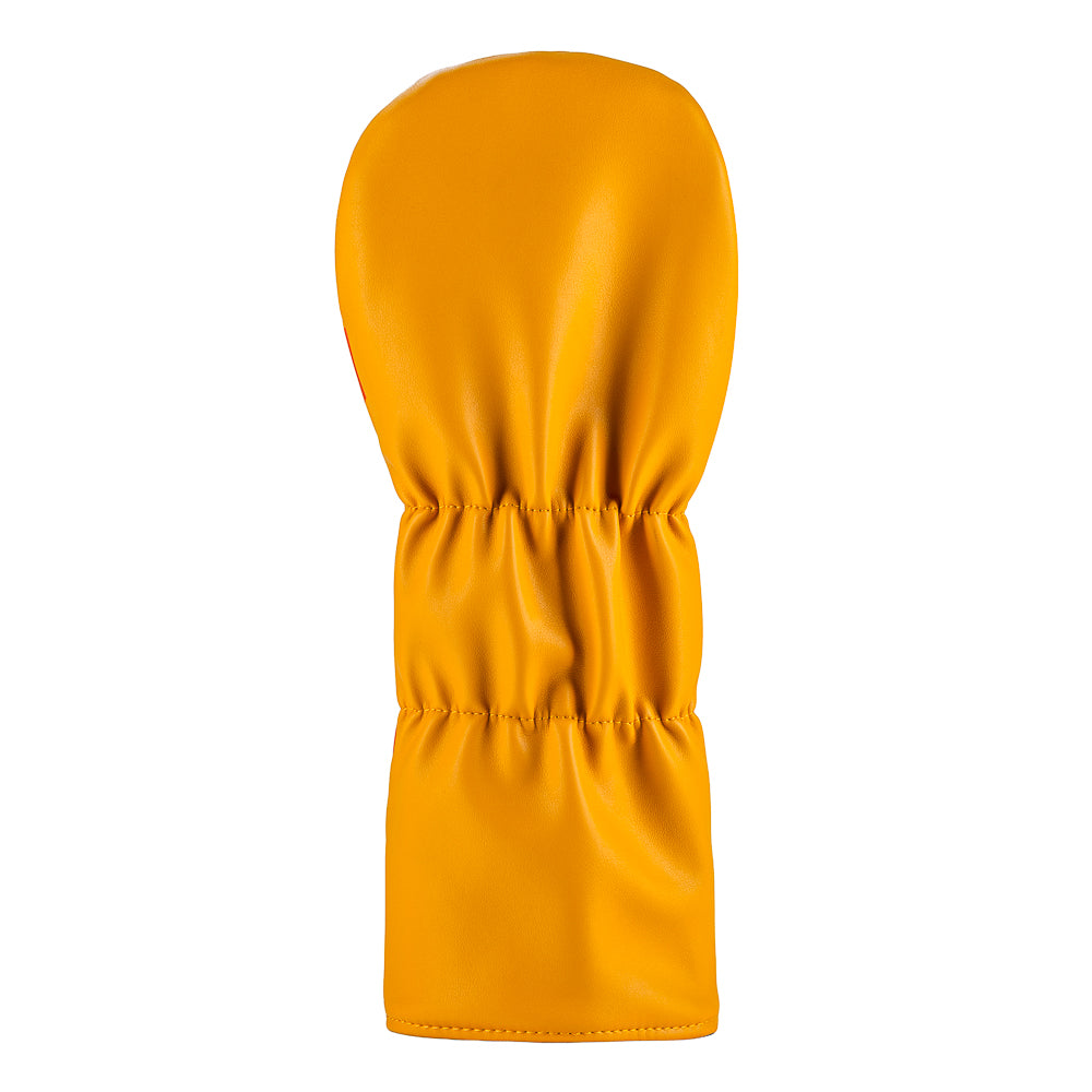 Rewind Golf x Anchorman I Love Scotch orange and yellow official driver golf headcover with whiskey glass embroidered on the front.