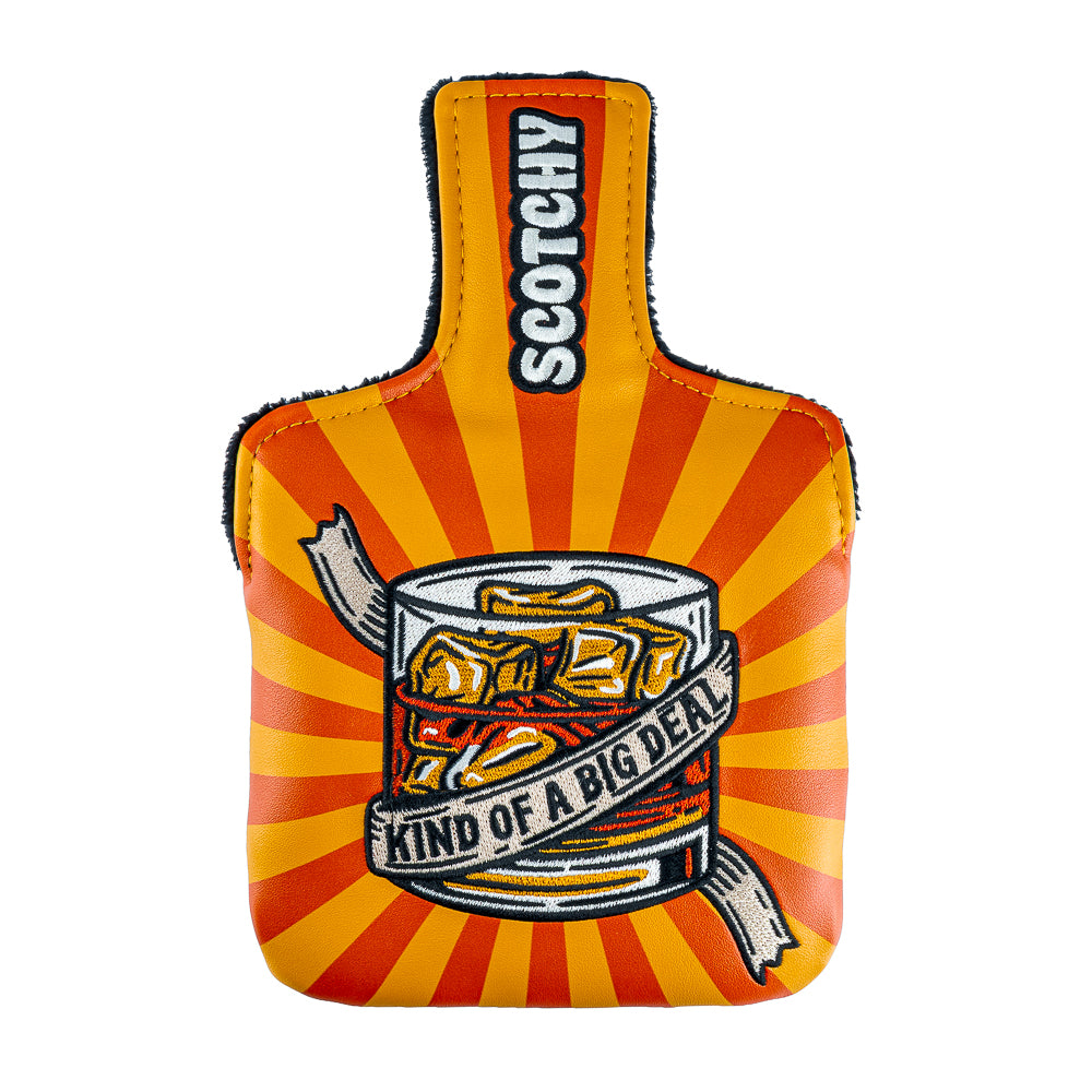 Rewind Golf x Anchorman mallet golf headcover with a graphic design of a glass of whiskey with 'Kind of a Big Deal' text on an orange and red striped UV material.