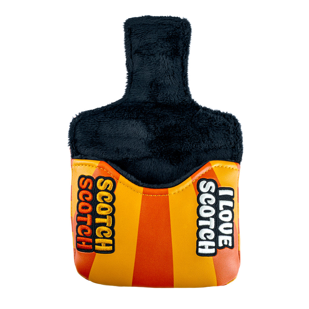 Rewind Golf x Anchorman mallet golf headcover with a graphic design of a glass of whiskey with 'Kind of a Big Deal' text on an orange and red striped UV material.