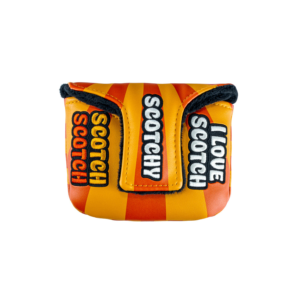 Rewind Golf x Anchorman mallet golf headcover with a graphic design of a glass of whiskey with 'Kind of a Big Deal' text on an orange and red striped UV material.