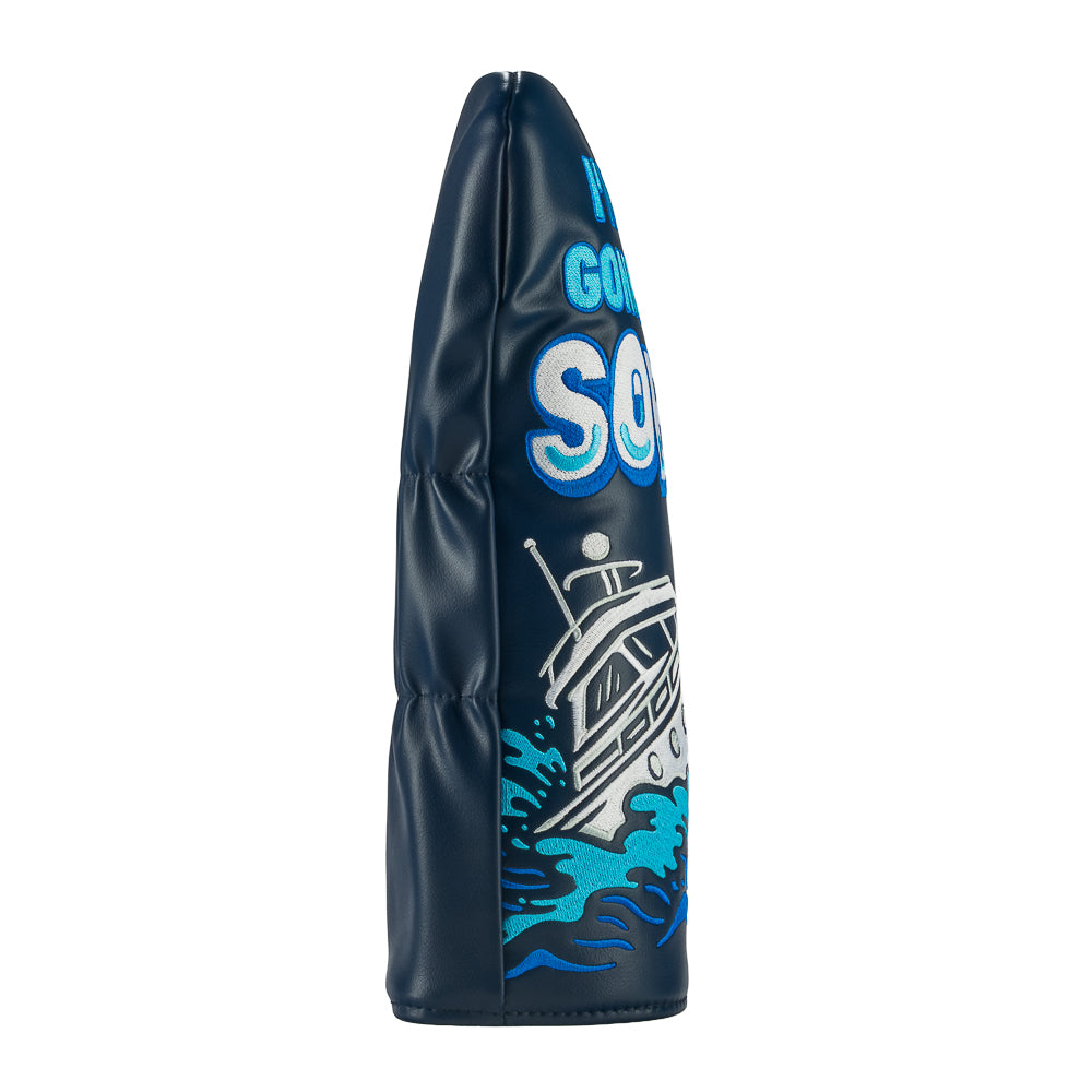Rewind Golf x Wolf of Wall Street officially licensed navy driver golf headcover with "I'm not gonna die sober" quote and the Naomi yacht crashing through waves.