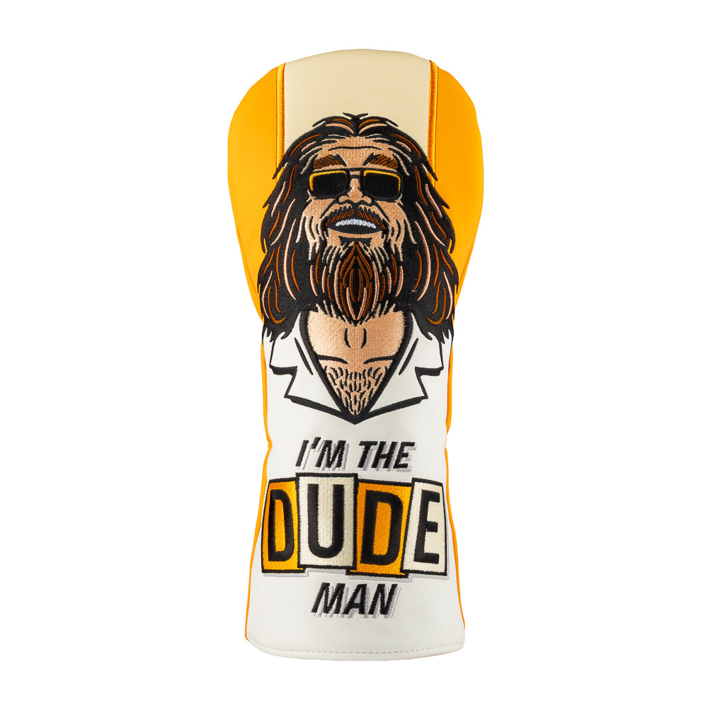 Rewind Golf x Big Lebowski I'm The Dude Man orange and white driver heacover featuring image of the dude.