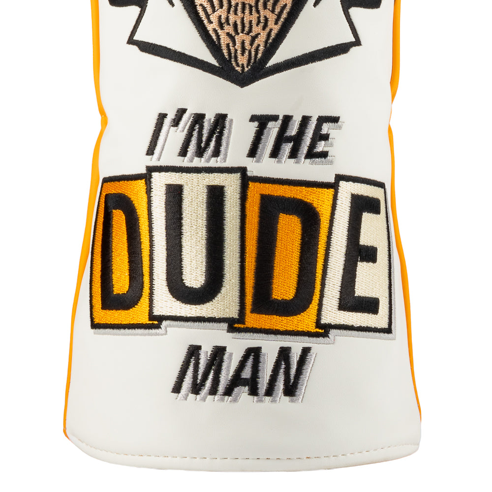 Rewind Golf x Big Lebowski I'm The Dude Man orange and white driver heacover featuring image of the dude.