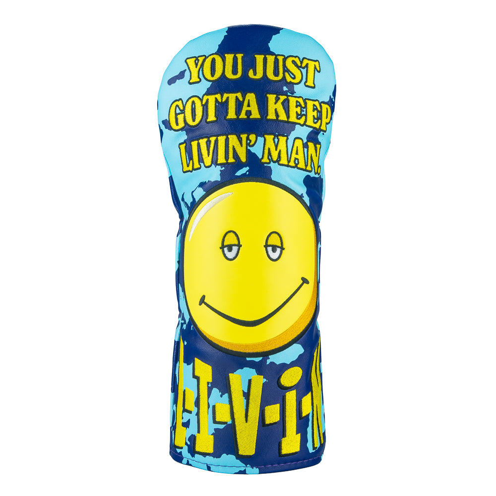 Rewind Golf x Dazed and Confused licensed Gotta Keep Livin' Man smiley face on blue camo driver golf headcover.