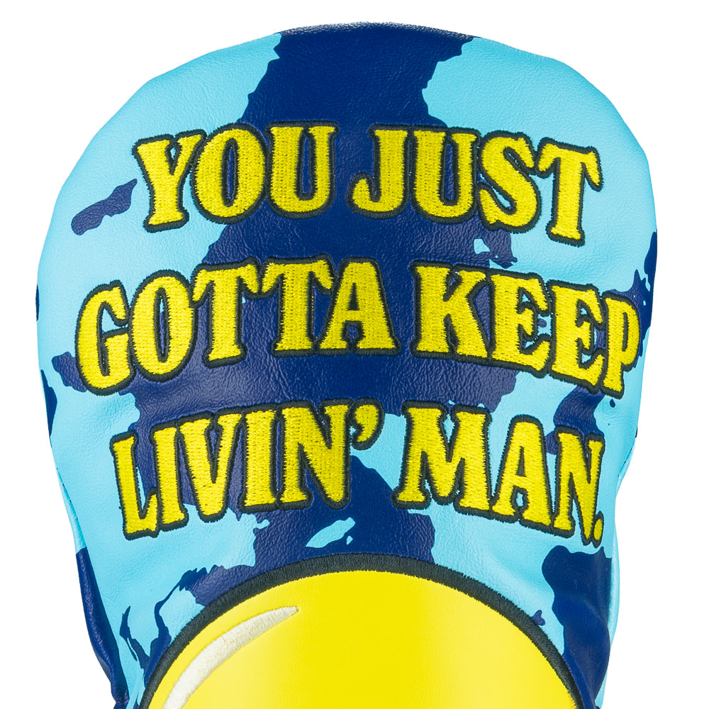 Rewind Golf x Dazed and Confused licensed Gotta Keep Livin' Man smiley face on blue camo driver golf headcover.