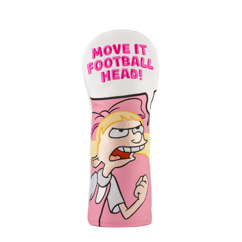 Pink Helga fairway cover with “Move It Football Head” quote.