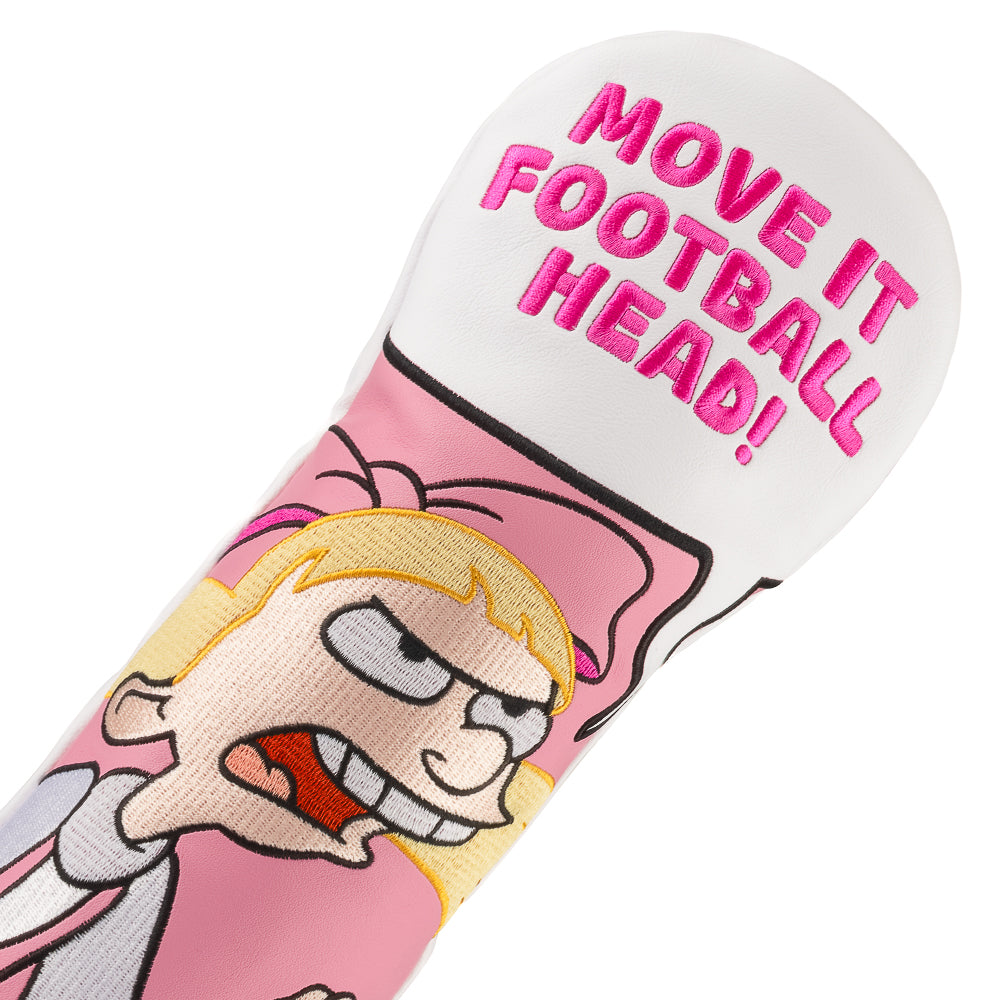Pink Helga fairway cover with “Move It Football Head” quote.