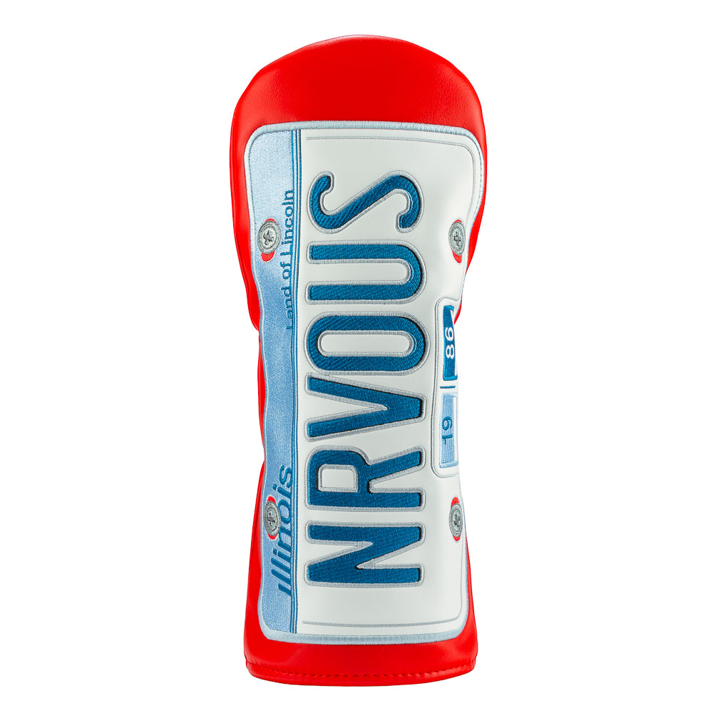 Rewind Golf x Ferris Bueller's Day Off official NRVOUS 1986 IL license plate on red material.