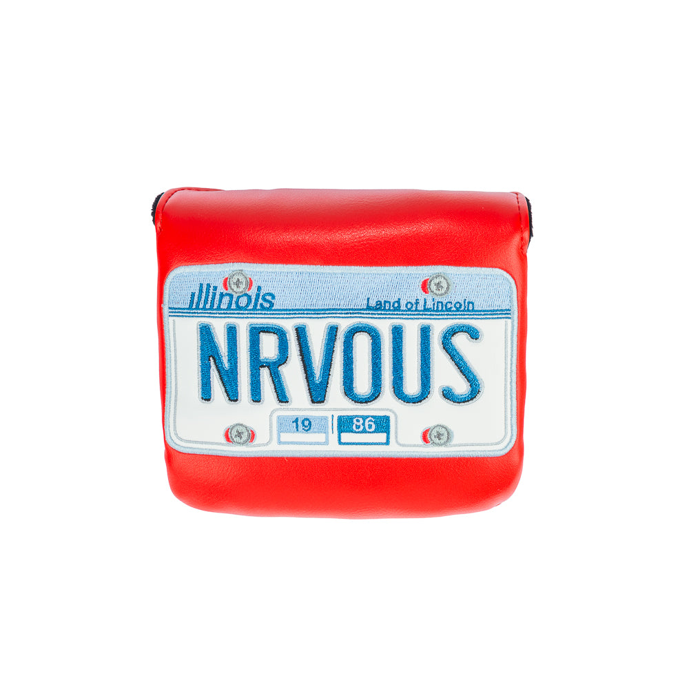 Rewind Golf x Ferris Bueller's Day Off official NRVOUS licensed plate themed mallet golf headcover on red material. 