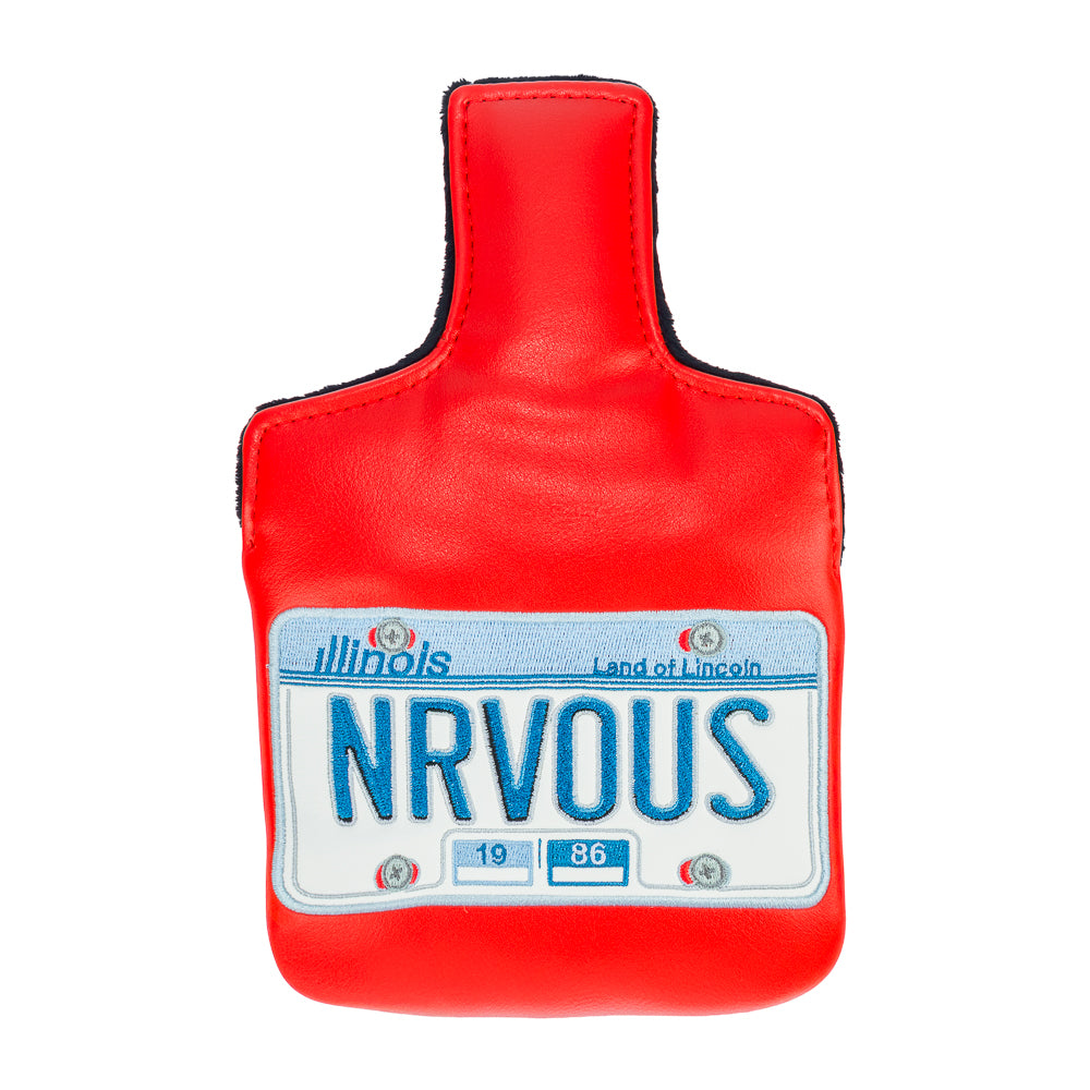 Rewind Golf x Ferris Bueller's Day Off official NRVOUS licensed plate themed mallet golf headcover on red material. 