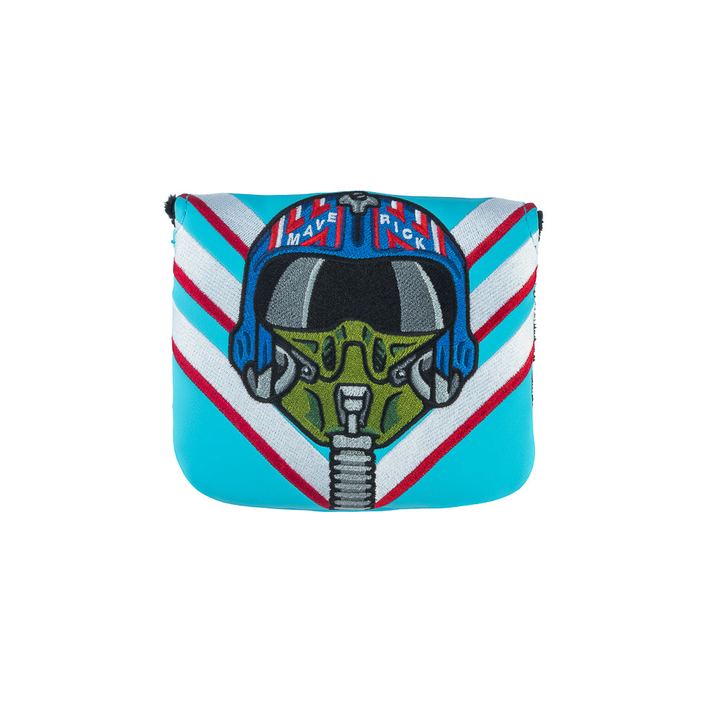 Rewind Golf x Top Gun Need For Speed officially licensed center shaft mallet putter golf headcover featuring Maverick's helmet and a red, white, and blue design.