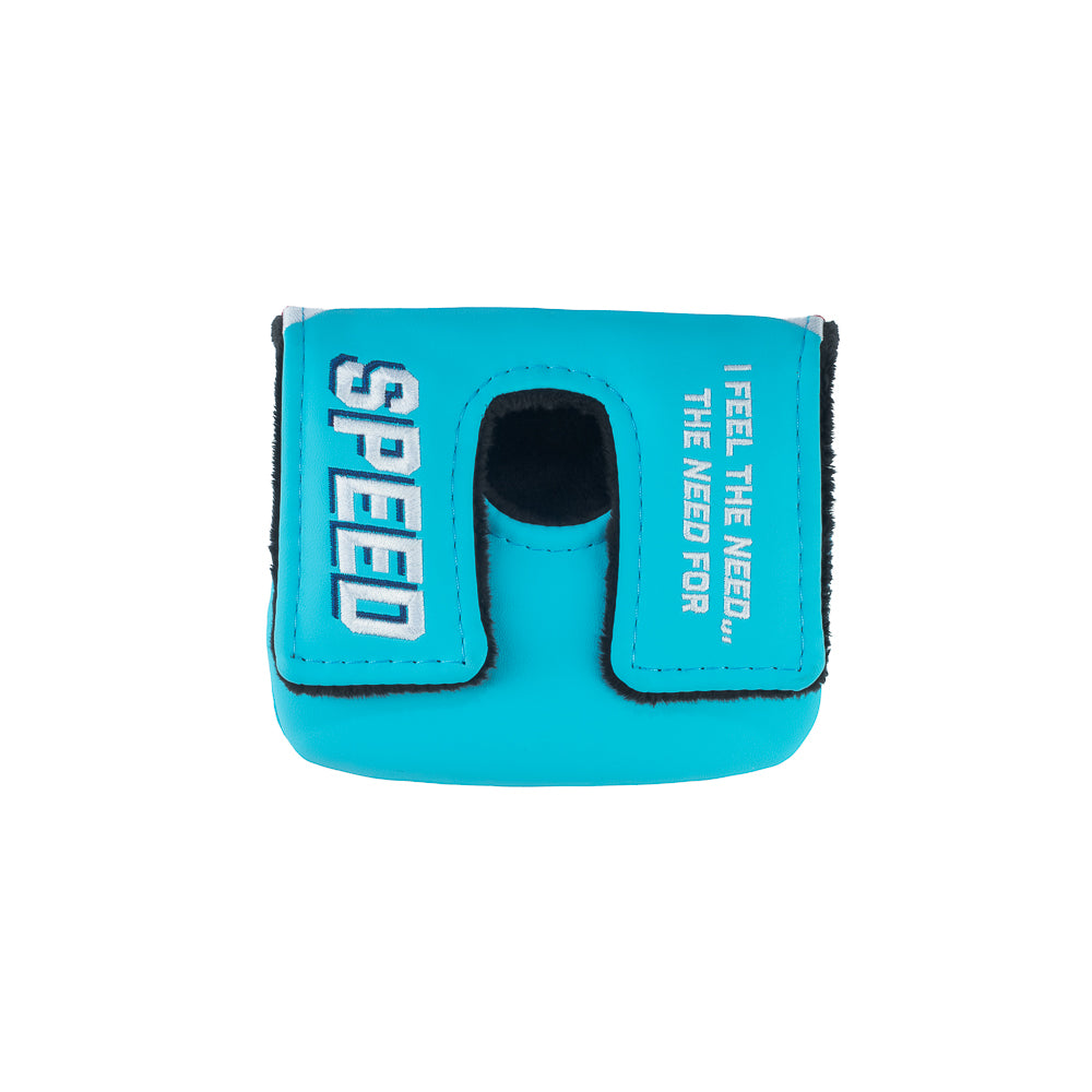 Rewind Golf x Top Gun Need For Speed officially licensed center shaft mallet putter golf headcover featuring Maverick's helmet and a red, white, and blue design.
