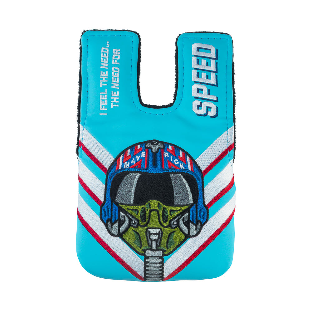 Rewind Golf x Top Gun Need For Speed officially licensed center shaft mallet putter golf headcover featuring Maverick's helmet and a red, white, and blue design.