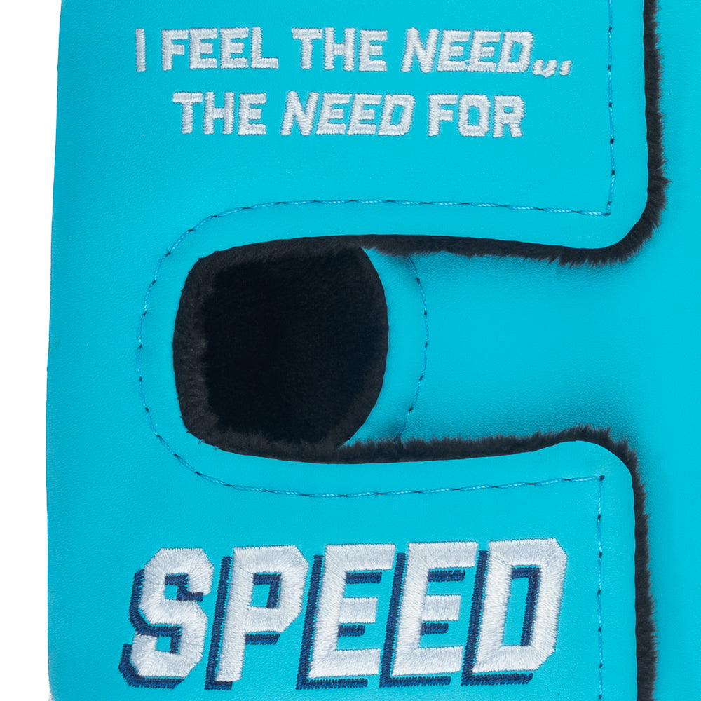 Rewind Golf x Top Gun Need For Speed officially licensed center shaft mallet putter golf headcover featuring Maverick's helmet and a red, white, and blue design.