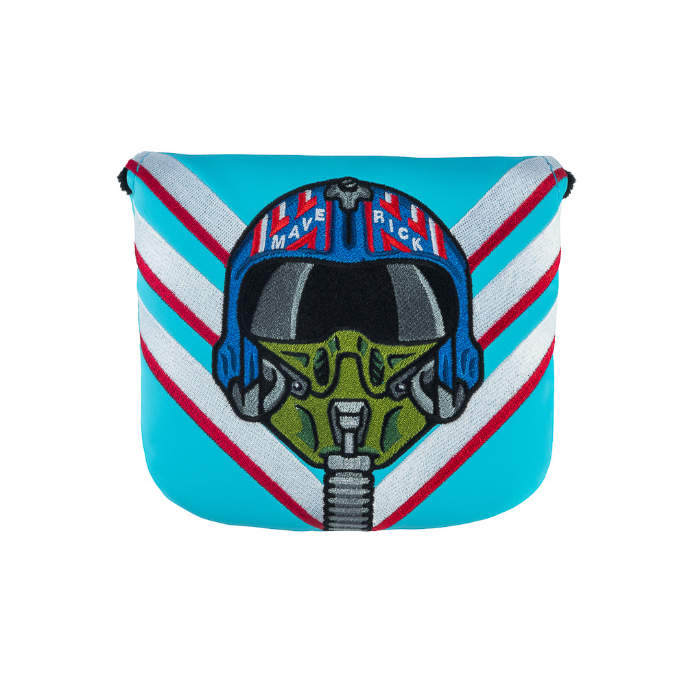 Rewind Golf x Top Gun officially licensed Need For Speed aqua, white, and red center shaft XL mallet golf headcover featuring Maverick's helmet design detail.