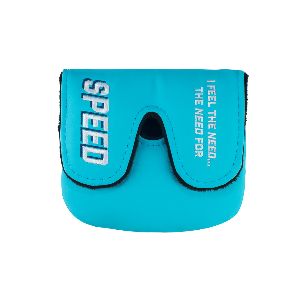 Rewind Golf x Top Gun officially licensed Need For Speed aqua, white, and red center shaft XL mallet golf headcover featuring Maverick's helmet design detail.