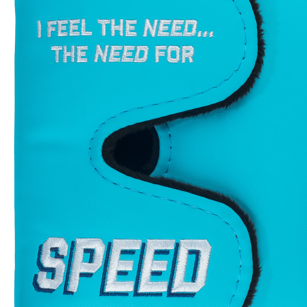 Rewind Golf x Top Gun officially licensed Need For Speed aqua, white, and red center shaft XL mallet golf headcover featuring Maverick's helmet design detail.