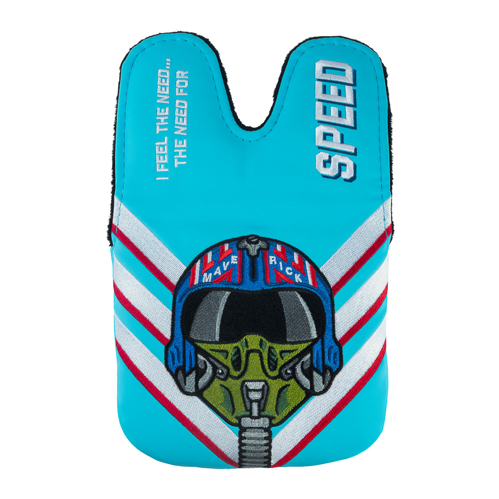 Rewind Golf x Top Gun officially licensed Need For Speed aqua, white, and red center shaft XL mallet golf headcover featuring Maverick's helmet design detail.