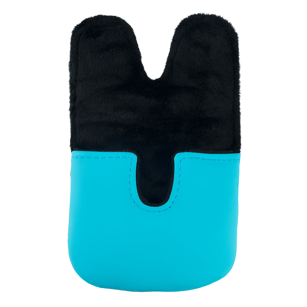 Rewind Golf x Top Gun officially licensed Need For Speed aqua, white, and red center shaft XL mallet golf headcover featuring Maverick's helmet design detail.