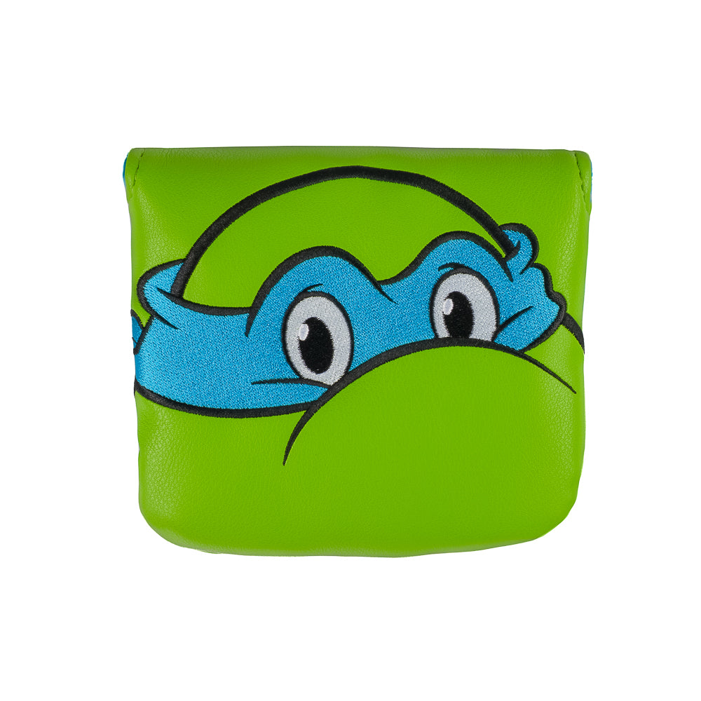 Green Leo large center shaft mallet cover with blue mask peeking design.