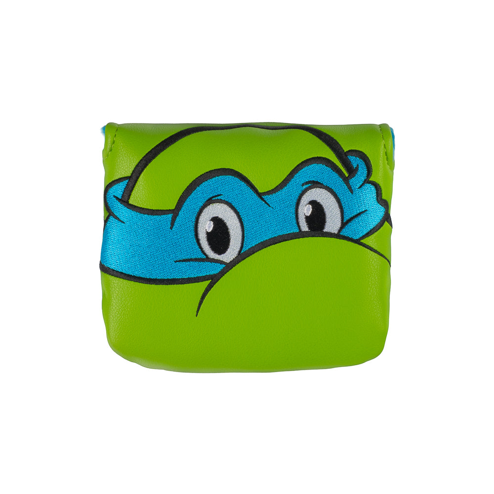 Green Leo small center shaft mallet cover with blue mask peeking design.