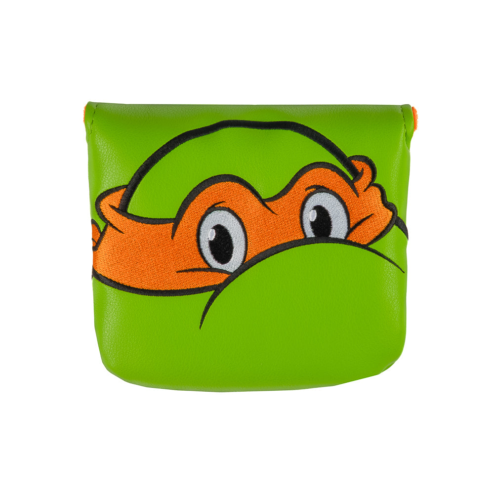 Green Mikey large center shaft mallet cover with orange mask peeking design.