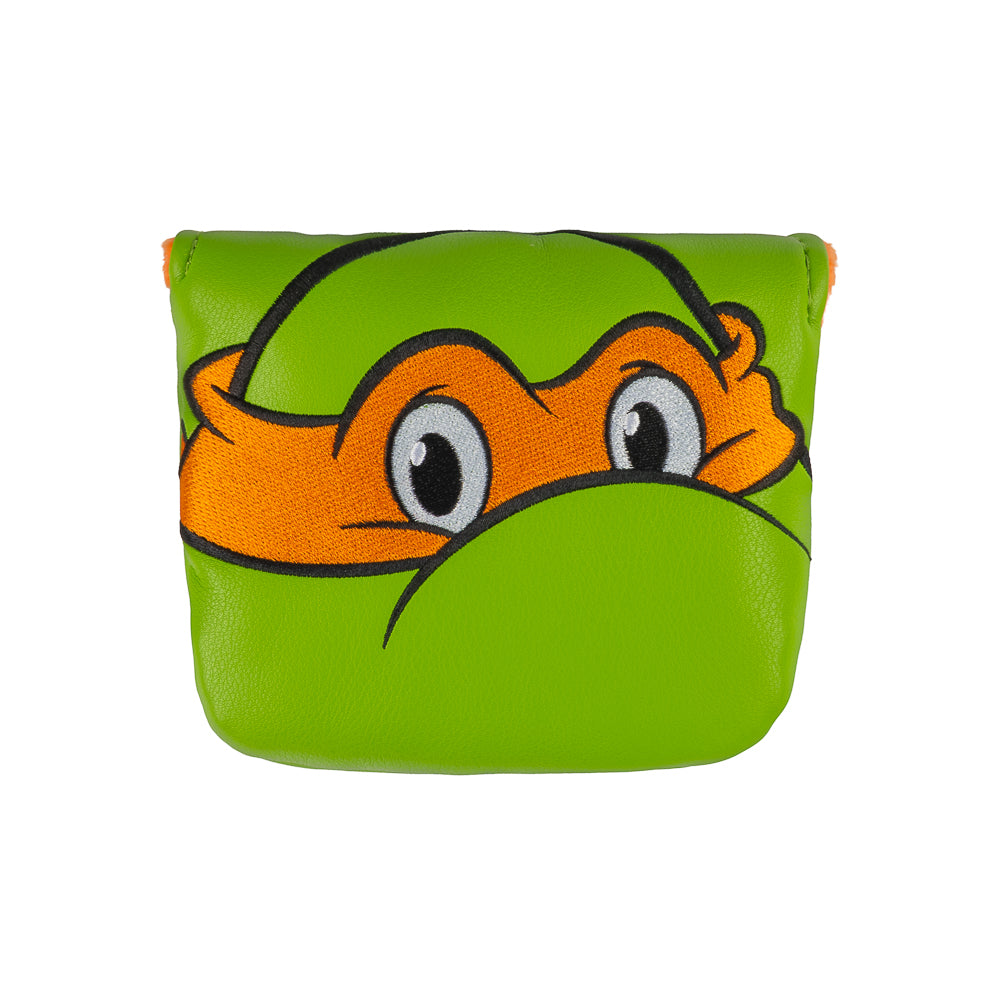 Green TMNT Mikey mallet cover with orange mask peeking design.