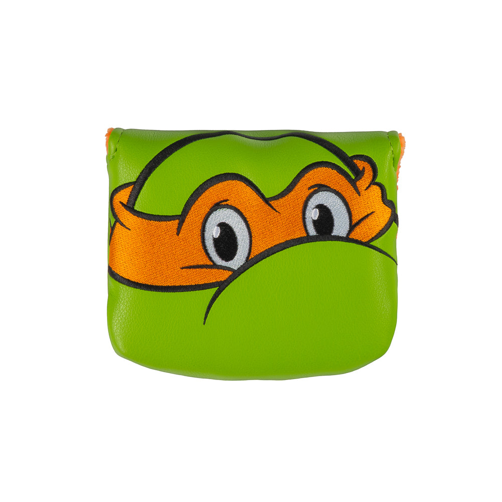 Green Mikey small center shaft mallet cover with orange mask peeking design.