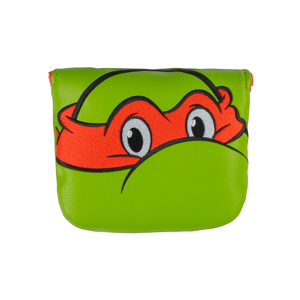 Green TMNT Raph mallet cover with red mask peeking design.