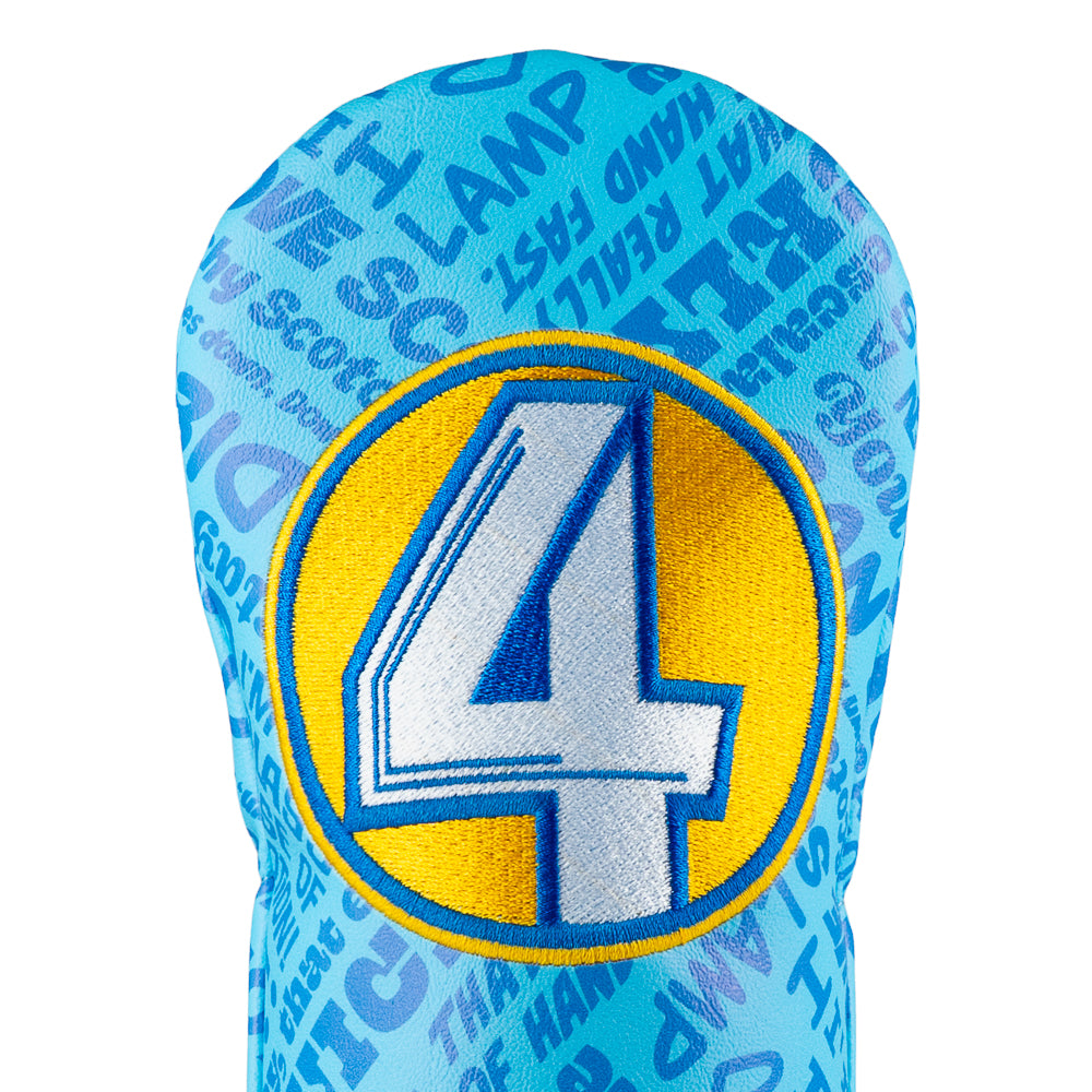 Blue Anchorman fairway cover with Channel 4 logo and quotes.