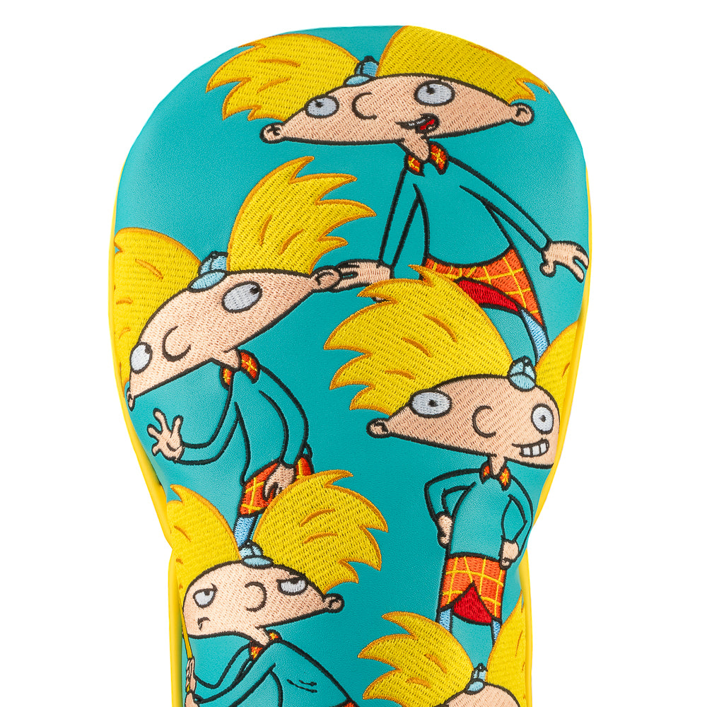 Teal and yellow Hey Arnold driver cover with stacked Arnold poses.