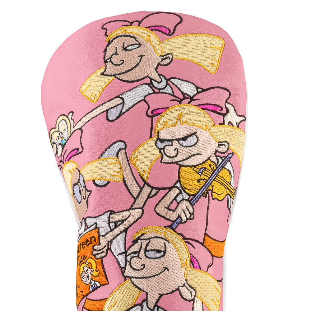 Pink Hey Arnold driver cover with stacked Helga poses.