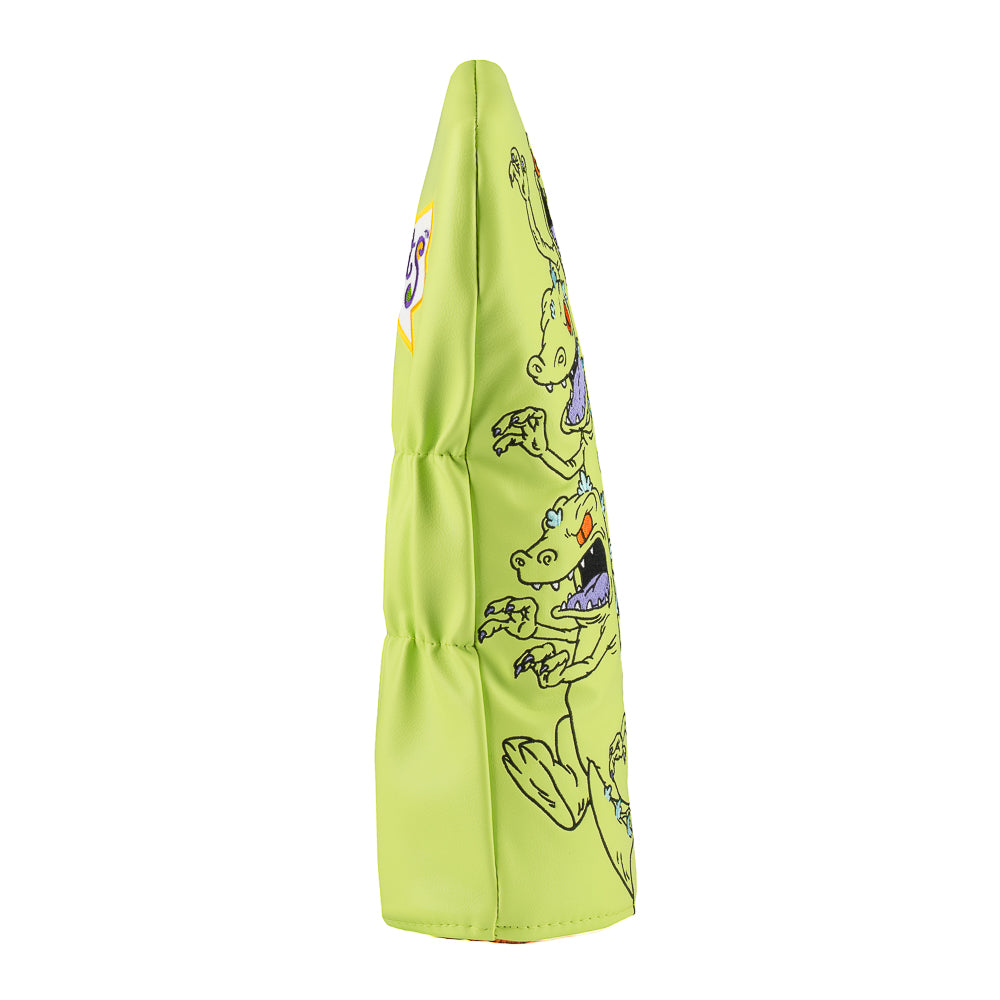 Green Rugrats Reptar driver cover with stacked cartoon Reptar design holding a building, bold Rewind Golf headcover style.