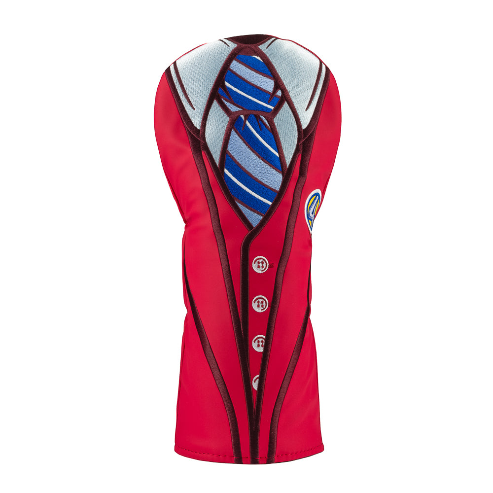 Rewind Golf x Anchorman officially licensed Ron Burgundy red suit and Channel 4 pin driver golf headcover.