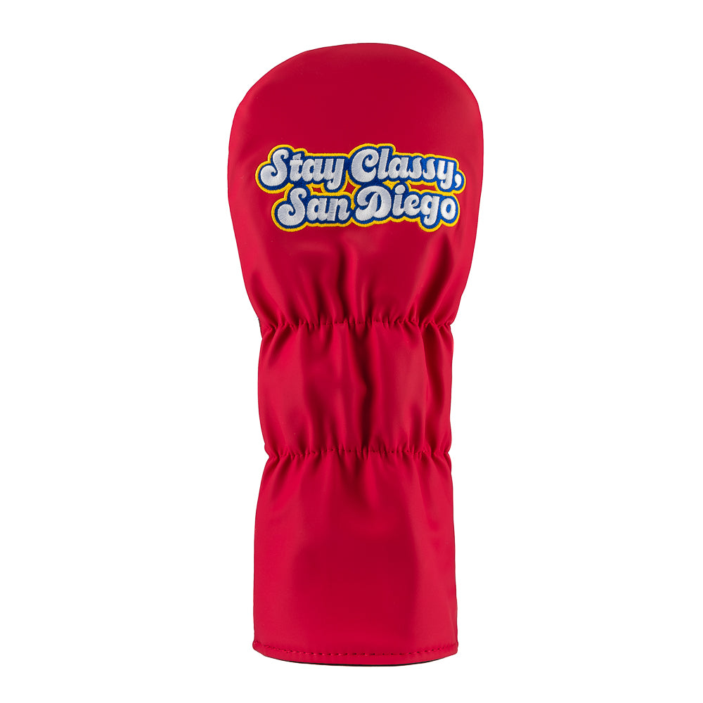 Rewind Golf x Anchorman officially licensed Ron Burgundy red suit and Channel 4 pin driver golf headcover.