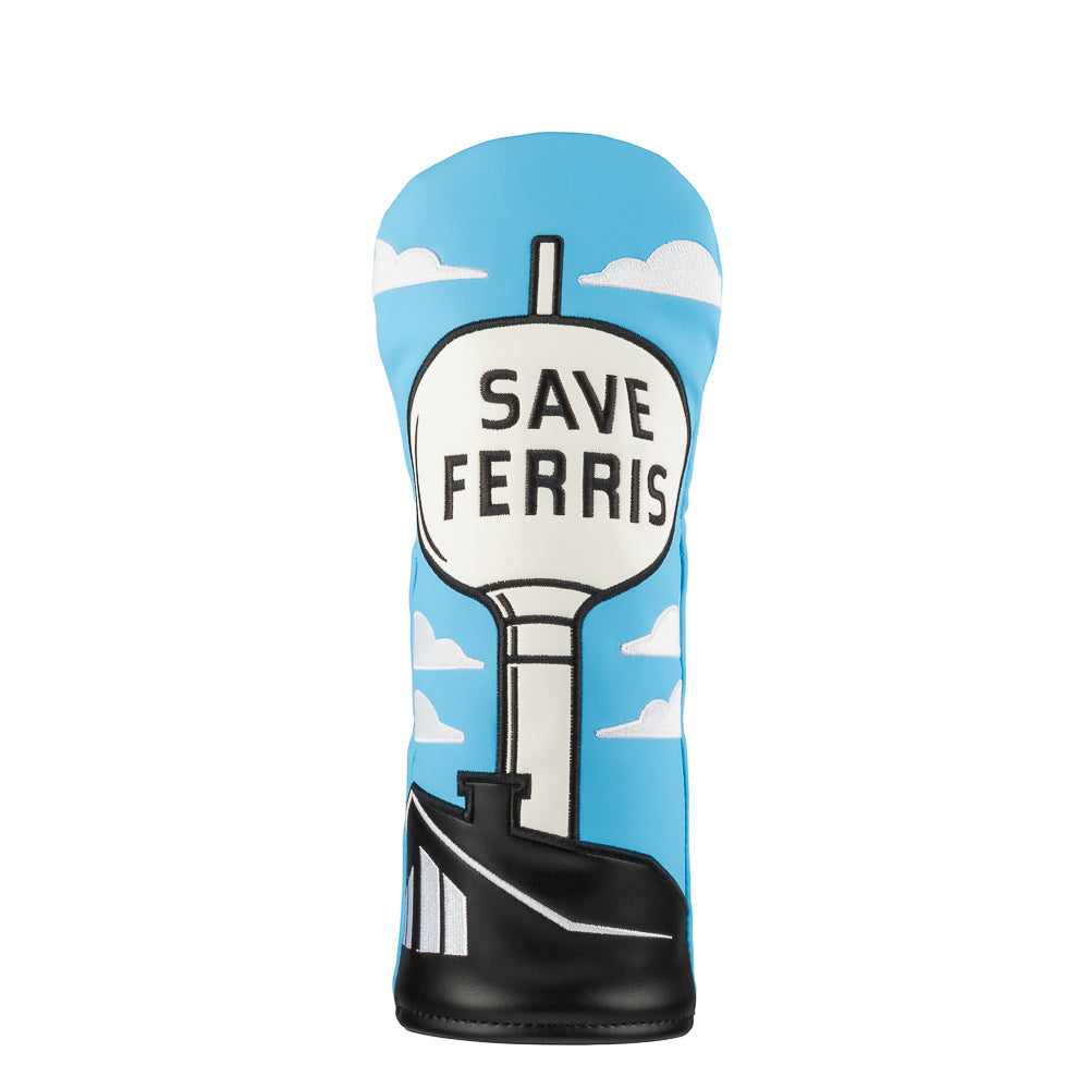Ferris Bueller's Day Off Fairway wood golf headcover with 'Save Ferris' text and Ferris Wheel design on a blue background