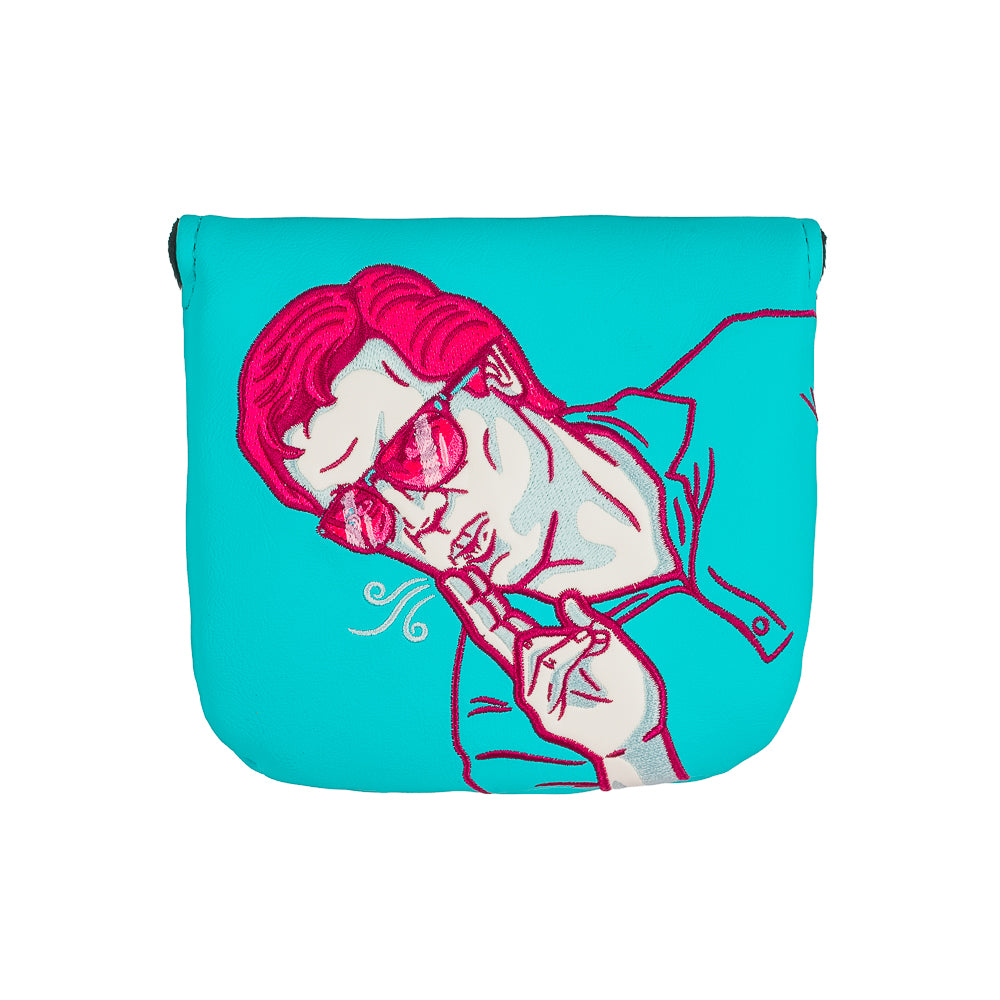 Happy Gilmore official Shooter's Tour aqua and pink Shooter McGavin themed center shaft XL mallet putter golf headcover.